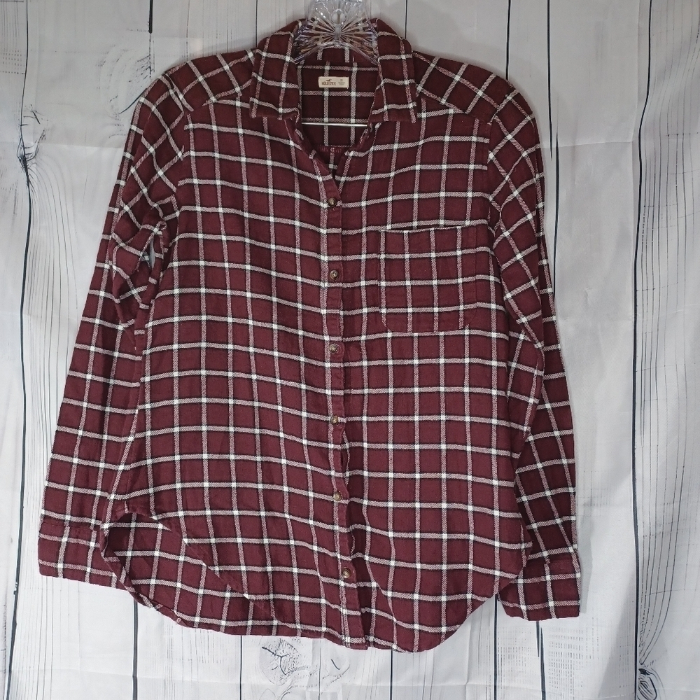 Hollister Women's Burgundy Plaid Casual Grunge Flannel Shirt